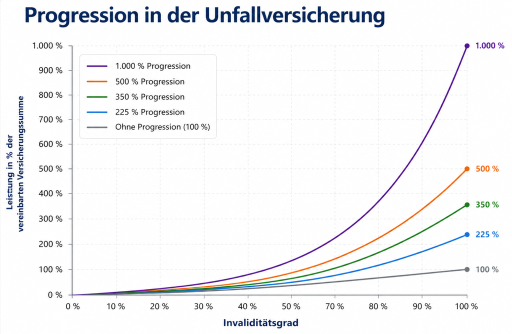 Vergleich der Progression in der Unfallversicherung: Versicherungsleistung ohne Progression sowie mit 225 %, 350 %, 500 % und 1.000 % Progression bei steigendem Invaliditätsgrad.