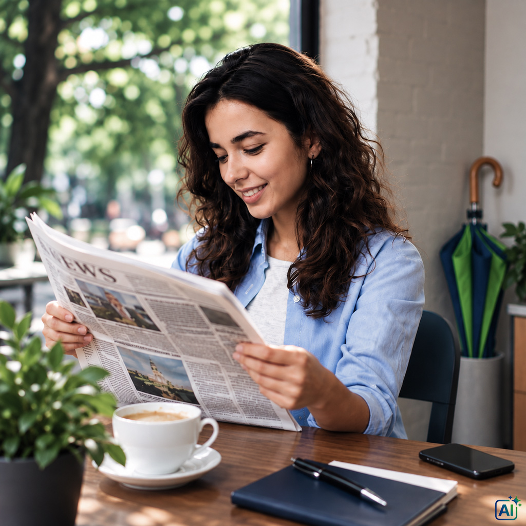 Frau liest bei einer Tasse Kaffee Neuigkeiten für den SchützeFinanz Newsletter, im Hintergrund steht ein grün-blauer Regenschirm.